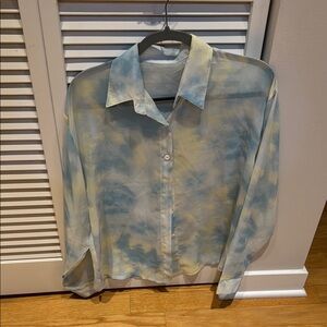 Sheer Blue and Yellow Button-Up Blouse